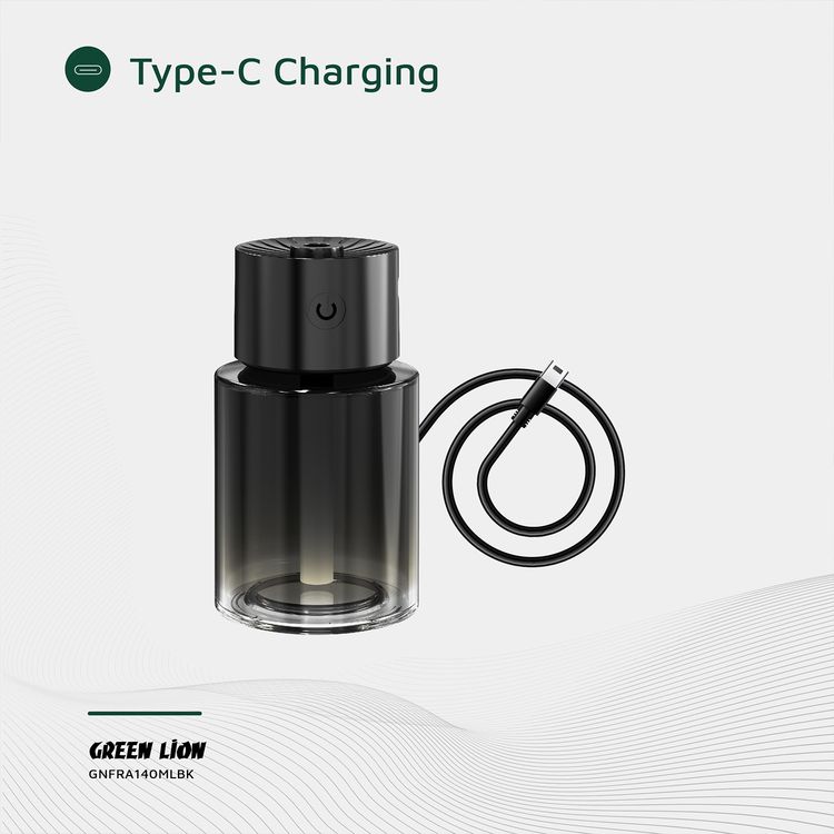 موزع عطر Green Lion بسعة 140 مل من الزيت، مصنوع من مادة الزجاج والبولي كربونات، سعة بطارية 200 مللي أمبير، منفذ شحن من النوع C، وقت شحن 1 ساعة، وقت عمل 3-4 ساعات، تحكم باللمس، مؤشر LED - أسود