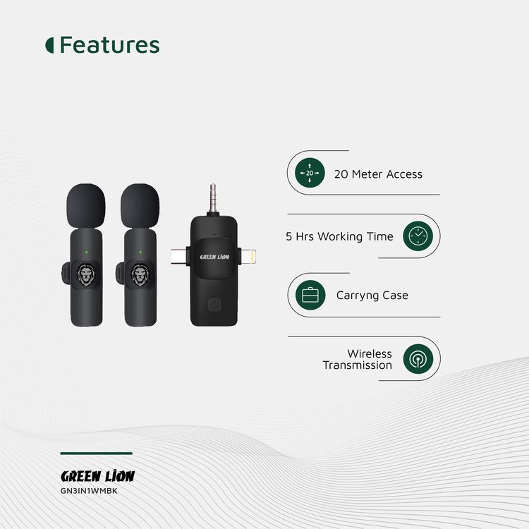 مايكروفون جرين ليون 3 في 1 موصل Type C/Lightning/AUX، عمر البطارية 3-4 ساعات، مسافة نقل تصل إلى 30 متر، تأخير نقل 30 مللي ثانية، يشمل حقيبة حمل - أسود