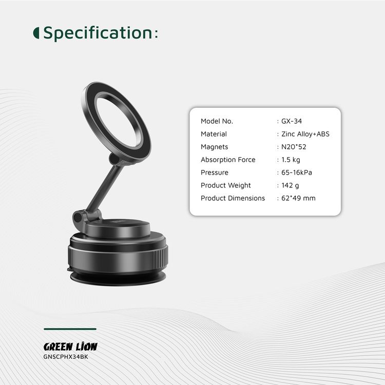 Green Lion GX-34 Suction Phone Holder with MagSafe Compatibility, 1.5kg Adsorption Force, N52 Magnets, 360° Rotation, Adjustable Mount, 16-65 kPa Pressure - Black