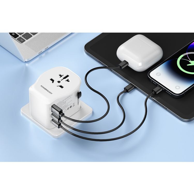 Powerology Universal Travel Adapter with PD 45W, USB-A & Dual USB-C Ports, US/ CN/ UK/ DE Plugs, Multiple Sockets, GaN Technology, Built-in Safeguards, +150 Countries Compatibility - White