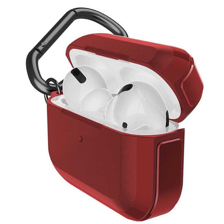 X-Doria Defense Trek Aluminum Bumper Case with Anti-Lost Carabiner & Loop Compatible for AirPods Pro - Sleek Design Cover - 360 Degree Protection - Charging Light Visible - Red
