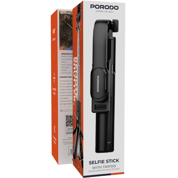 Porodo Bluetooth Selfie-Stick With Tripod, Light Weight, Easy to Use Design, Remote Shutter, 66cm Extension. Universal Design, 120mAh  Battery Capacity - Black
