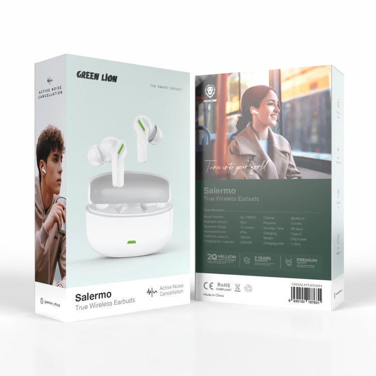 Green Lion Salermo True Wireless Earbuds, Active Noise Cancelation, 4.5 hrs Playtime, Bluetrum Chipset, IPX4 Waterproof - White
