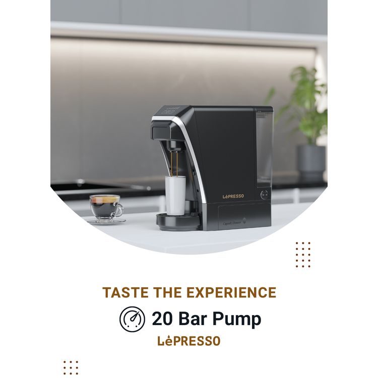 LePresso Multifunctional Coffee Machine with Italian Pump, Patented Design, Tea Leaves Brewer, 20 Bar Pump, 1400W Power - Black