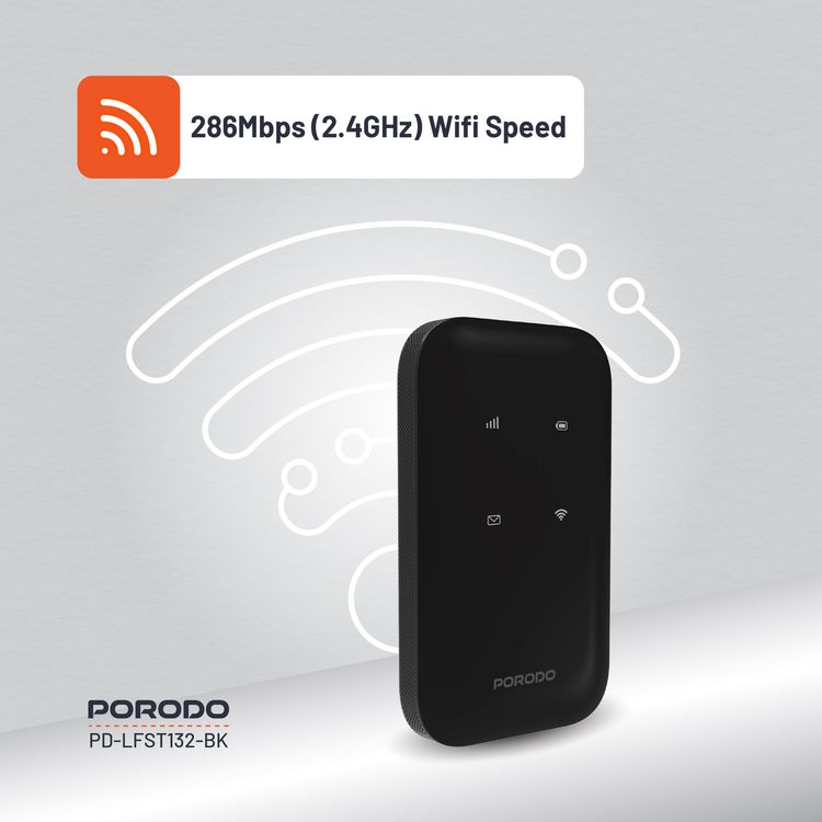Porodo 4G Wireless Pocket Router with Secure Encryption, 10 Connected Devices, 3000mAh Battery Capacity, 8.5 Hours Working Time, Type-C Charging Port, WiFi 6 Standard, Lightweight and Portable - Black