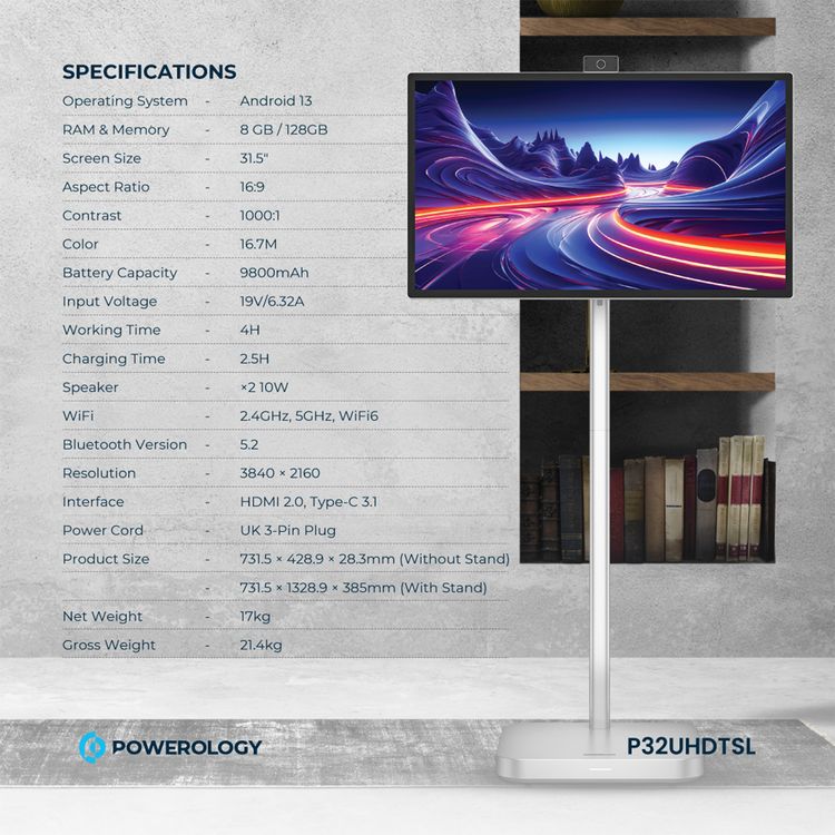 Powerology 32" Google 4K Screen with 4K Camera, 8GB RAM, 128GB Memory, 9800mAh Battery, 16.7M Colors, Android 13, 4 Hours Working Time, Dual 10W Speakers, 2.5 Hours Charging Time - Silver