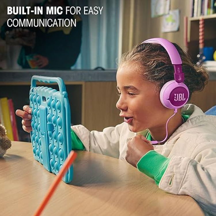 JBL Junior 320 Wired On-Ear Headphones for Kids with JBL Sticker Set, Lightweight, Built-In Microphone, Ultra Portable, 3.5mm Audio Jack, 45° C Maximum Operation Temperature - Purple