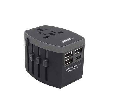 Porodo 3 USB + 1 Type-C Port Universal Travel Adapter 3.4A - Worldwide All in One Universal Power Wall Charger - International Compatibility (US / EU / UK / AU Plugs) - Black