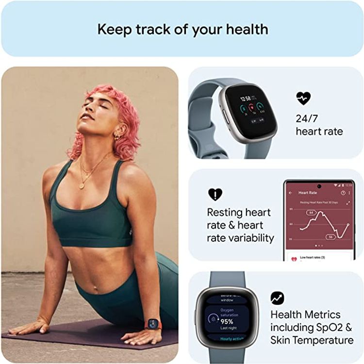 Fitbit Versa 4 Fitness Aluminum Wristband with Heart Rate Tracker - Waterfall Blue/Platinum Aluminum