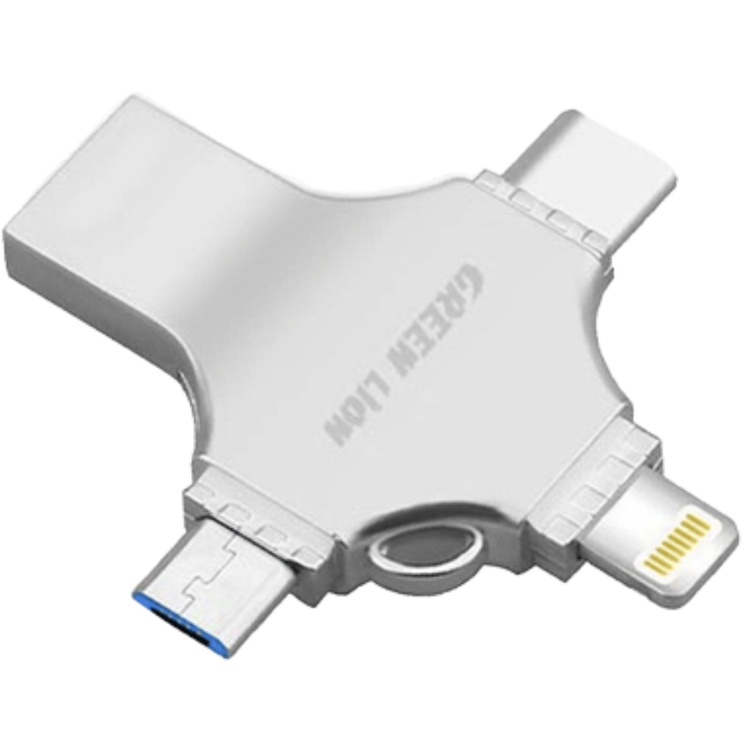Green Lion 4-in-1 USB Flash Drive 256GB with High Speed Data Transfer, USB-A, USB-C, Micro USB & Lightning Connectors - Silver