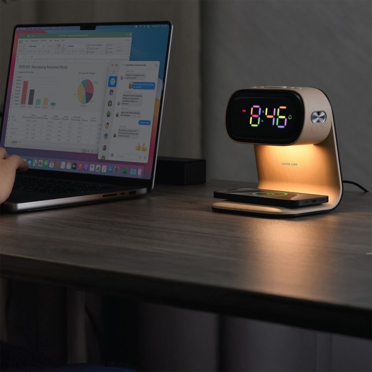 Green Lion Bedside Clock with 15W Wireless Charger, 5 LED Beads, 3 Brightness Levels, Touch & Switch Control, 14 Display Styles, Alarm Setting, Ambient Night Light - Wood