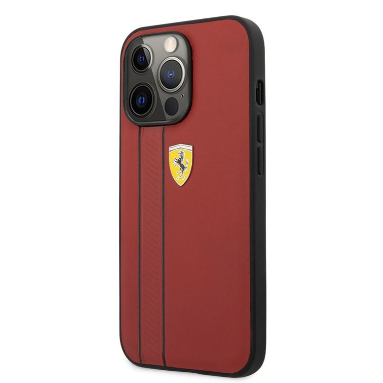 CG MOBILE Ferrari Genuine Leather Hard Case with Debossed Stripes Compatible for iPhone 13 Pro (6.1") Shock & Scratches Resistant, Easy Access to All Ports