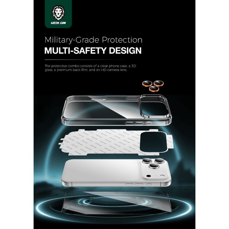 Green Lion 4-in-1 Defender Pack for iPhone 17 Pro Max, Anti-Shock Case, Anti-Fingerprint Camera Lens, Anti-Broken Edges Glass, 360° Comprehensive Protection Case, Anti-Yellowing Case, Anti-Scratch Camera Lens, HD Clarity Glass, Full Protection, High Quality - Orange Titanium
