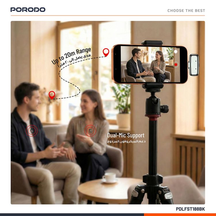 Porodo Wireless Lavalier Microphones with Type-C Connector, Noise Reduction, 33 Hours Working Time with Charging Case, 250mAh Case Battery Capacity, <22ms Latency, Plug & Play - Black