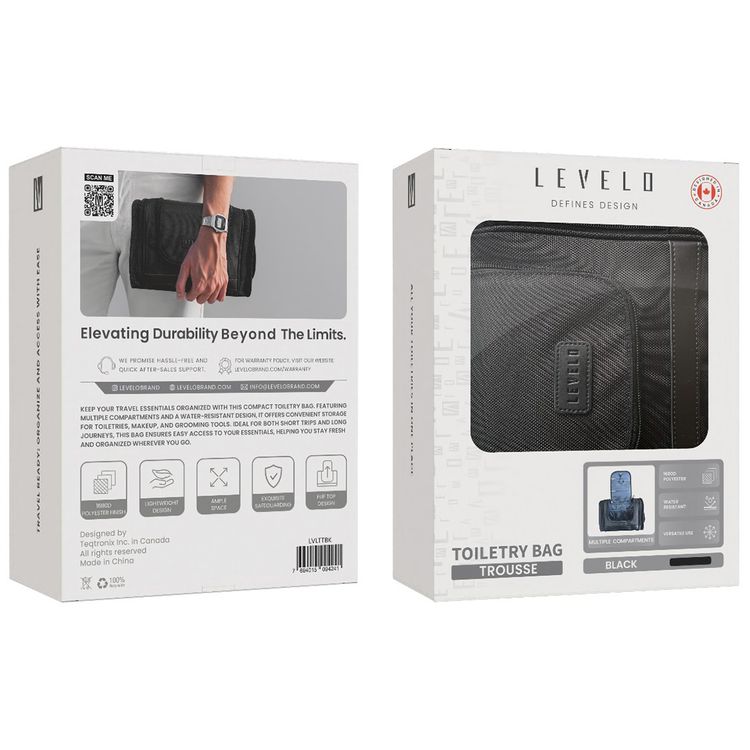 حقيبة أدوات الزينة Levelo Trousse ذات الأقسام المتعددة، مساحة واسعة، مصنوعة من مادة البوليستر 1680D، مقاومة للماء، تصميم خفيف الوزن - أسود