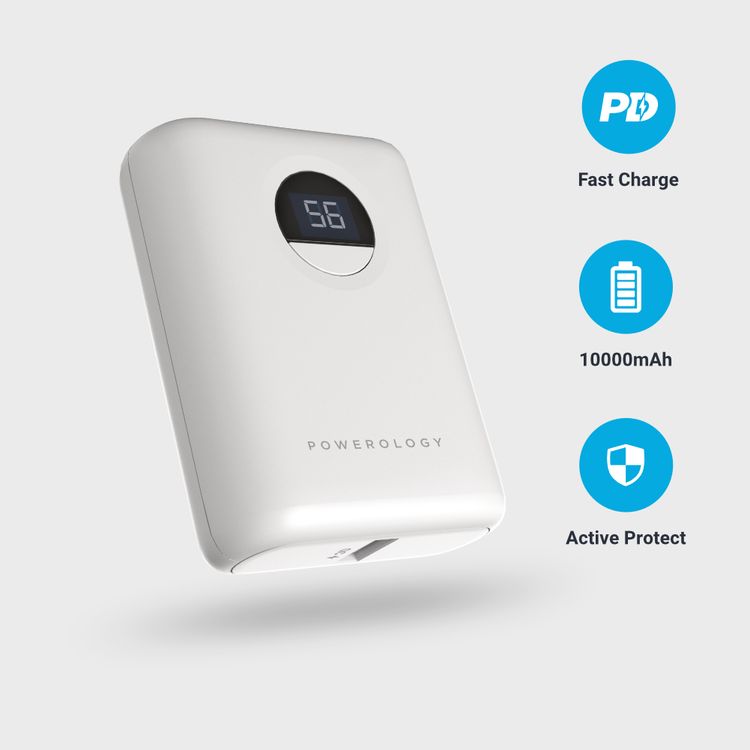 Powerology Ultra-Compact PD 10000mAh Power Bank with Digital Display, 20W Power Delivery, USB-A QC 18W, 0%-60% Charge in 35 Minutes, PowerDash 3.0, Lithium-ion Battery, Lightweight & Compact - White