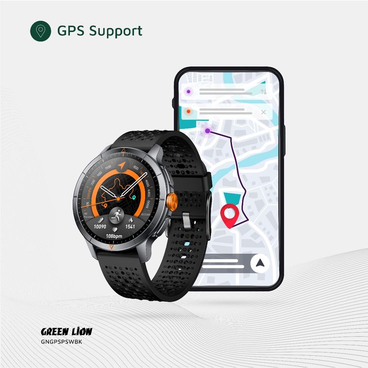 Green Lion GPS Pro Smart Watch with 1.6 Inches Large Display, Barometer & Compass, Sleep Monitoring, Voice Recording, Real 60Hz FPS, TWS Function, Local Music & Phone Album, Heart Rate Monitoring, Bluetooth Call, Geomagnetic & Altitude, 450mAh Battery, 6 Days Working Time - Black