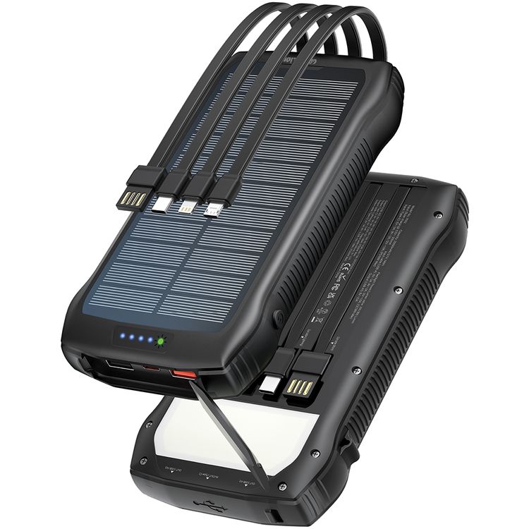 Green Lion Solar Force 20000mAh Power Bank with PD20W USB-C Output, ABS + PC + Silicone Material, 4-Mode Flashlight, 4 Built-in Cables - Black