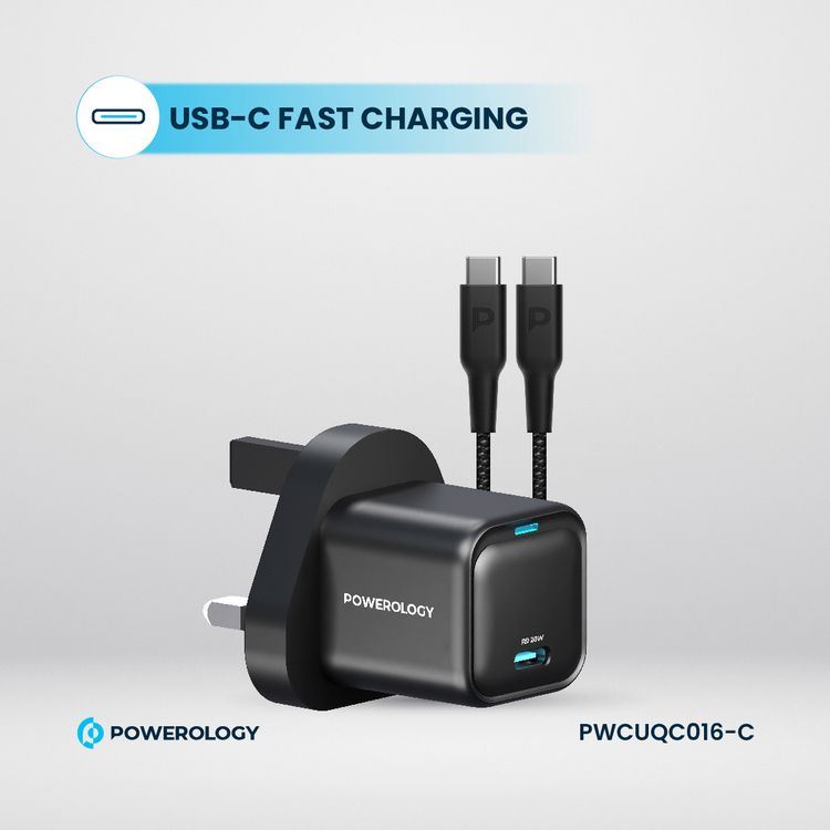 Powerology Ultra-Compact GaN Charger With USB-C to USB-C 60W Cable, 20W Power Delivery, Built-in Safeguard, 1.2m Cable Length - Black