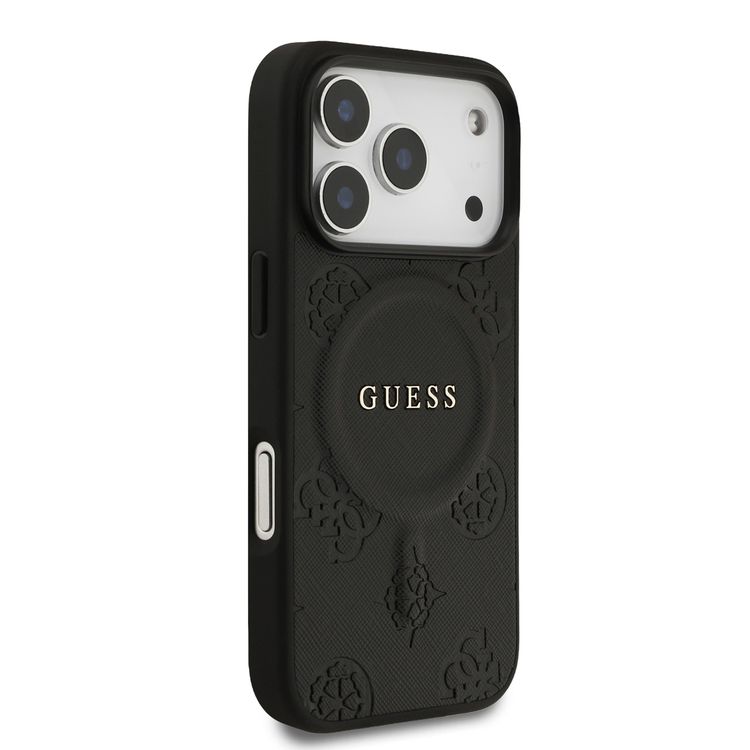 Guess MagSafe PU Leather Case with Classic Logo & Peony Hot Stamp Design for iPhone 17 Pro Max, Slim Profile, Easy Snap-On, Sustainable Packaging, Comfortable Grip, Drop Protection - Black