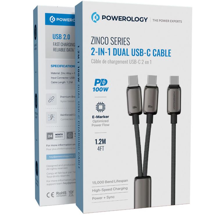 كابل USB-C مزدوج من سلسلة Powerology Zinco بقوة خرج قصوى 100 واط، ومعدل نقل بيانات 480 ميجابت في الثانية، مصنوع من سبائك الزنك والنايلون المضفر، وعمر افتراضي يتجاوز 15000 ثنية، وتدفق طاقة مُحسَّن بعلامة E، وتوافق عالمي، وتحسين الشحن الذكي - رمادي غامق