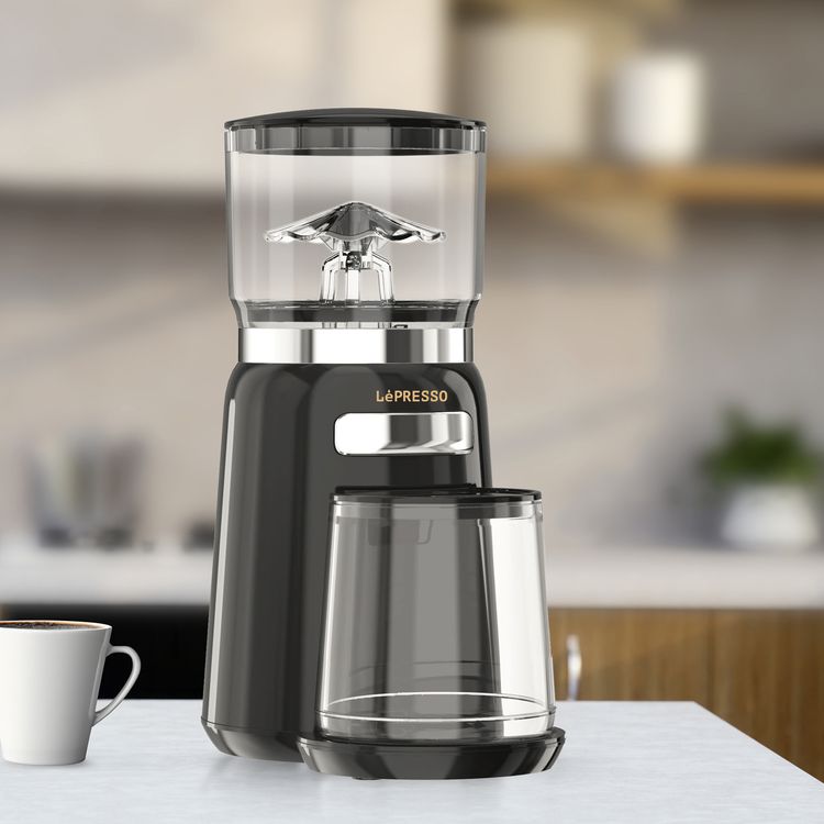 LePresso High Performance Coffee Bean Grinder with User-Friendly Design, 150W Power, Durable ABS Material, 210g Bean Box Capacity, 120g  Powder Cup Capacity - Black