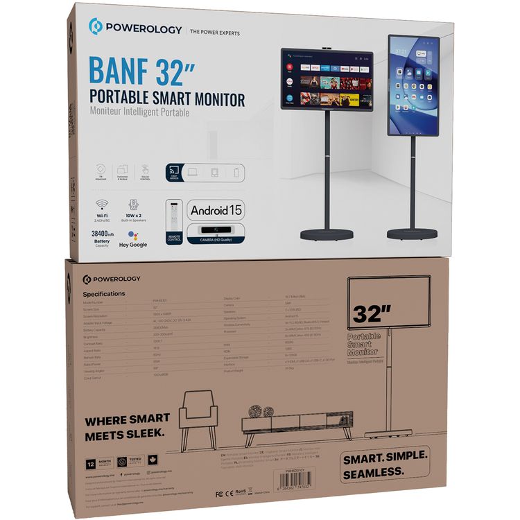 شاشة باورولوجي BANF بحجم 32 بوصة محمولة وذكية مع زوايا أفقية وعمودية، وكاميرا بدقة 5 ميجابكسل، ونظام تشغيل أندرويد 15، وجهاز تحكم عن بعد مرفق، وضبط الإمالة، وسعة بطارية 38400 مللي أمبير، وزوايا مشاهدة 89 درجة، وتحكم باللمس، ومرآة العرض، وذاكرة عشوائية 6 جيجابايت/8 جيجابايت، وذاكرة تخزين 128 جيجابايت - اللون الرمادي.