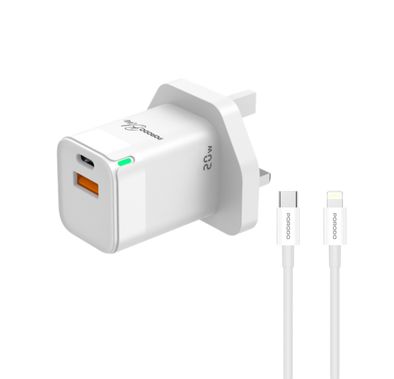 شاحن بورودو بلو فائق السرعة مع كابل USB-C إلى Lightning بطول متر واحد، USB-A وUSB-C، 20 وات، تيار خرج 3 أمبير، جهد خرج 5 فولت، شحن متعدد الأجهزة، دعم الشحن السريع - أبيض