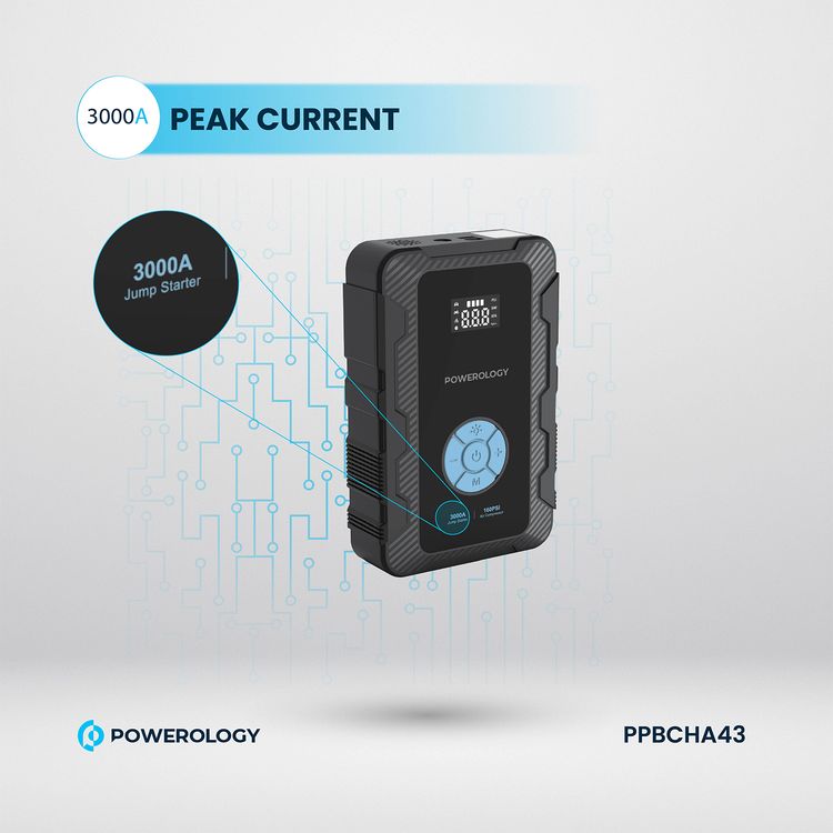 ضاغط هواء Powerology 20000mAh Power Bank Jump Start، أقصى وقت شحن 7.0±1.0 ساعة، PD 45 وات، ذروة التيار 3000 أمبير، محرك سعة 8 لتر - أسود 