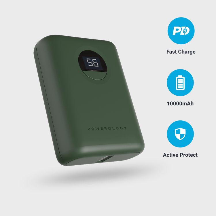 Powerology Ultra-Compact PD 10000mAh Power Bank with Digital Display, 20W Power Delivery, USB-A QC 18W, 0%-60% Charge in 35 Minutes, PowerDash 3.0, Lithium-ion Battery, Lightweight & Compact - Green