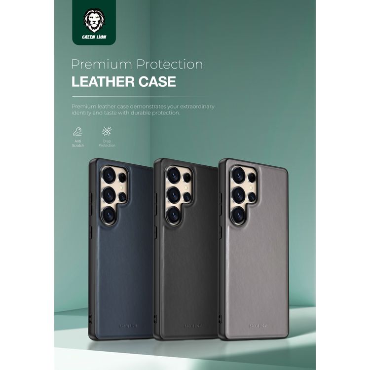 Green Lion Leather Case Samsung Galaxy S25 Ultra, TPU Shockproof Edges, Drop Protection, Comfort Grip, Camera Protection, Precise Cutouts, Anti-Scratch - Titanium