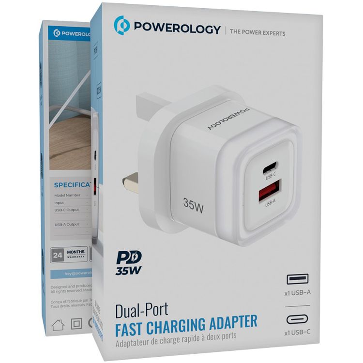 Powerology Lunex Dual-Port Fast Charging Adapter with USB-C & USB-A Ports, 35W Power Delivery, 22.5W USB-A Output, UK 3-Pin Plug, Universal Protocol Support, Multi-Device Charging - White