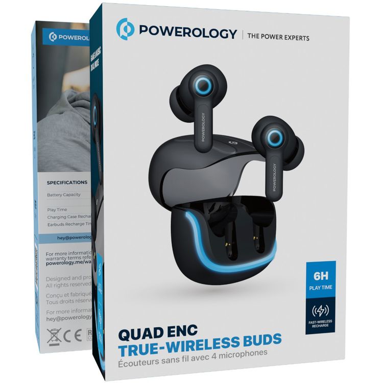 Powerology Quad Mic ENC True Wireless Earbuds, 6h Playtime, Bluetooth 5.3, Type-C Charging, 10m Transmission Distance, RGB Lights - Black