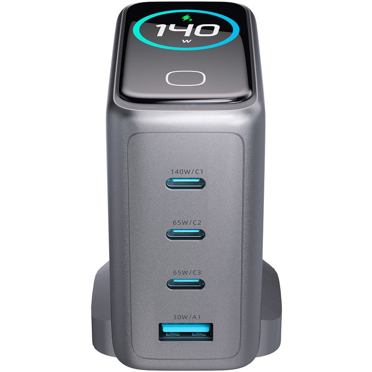 Powerology Voltflow GaN Wall Charger with PD 140W, Single USB-A & Triple USB-C Ports, Ai Temperature Control, Fast Charge Support, Multiple Device Compatibility, TFT Smart Display Interface - Black