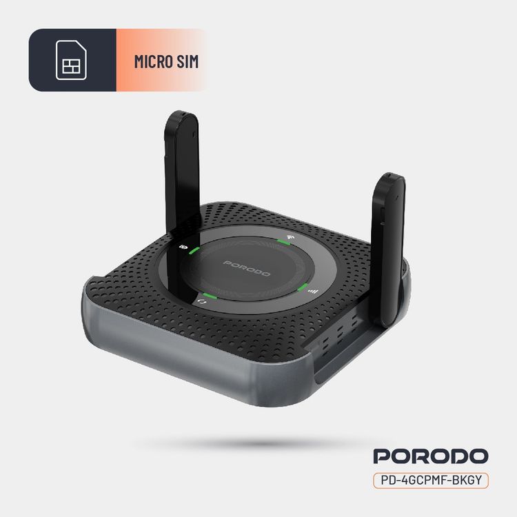 Porodo 4G & LTE Portable Router with 40m Signal Distance, 12 Hours Working Time, 10 Connected Devices, 100Mbps LAN, 4000mAh Battery Capacity, Micro SIM, CPE & MiFi, CAT4 Category, 150Mbps Download Rates, 50Mbps Upload Rates - Black / Gray