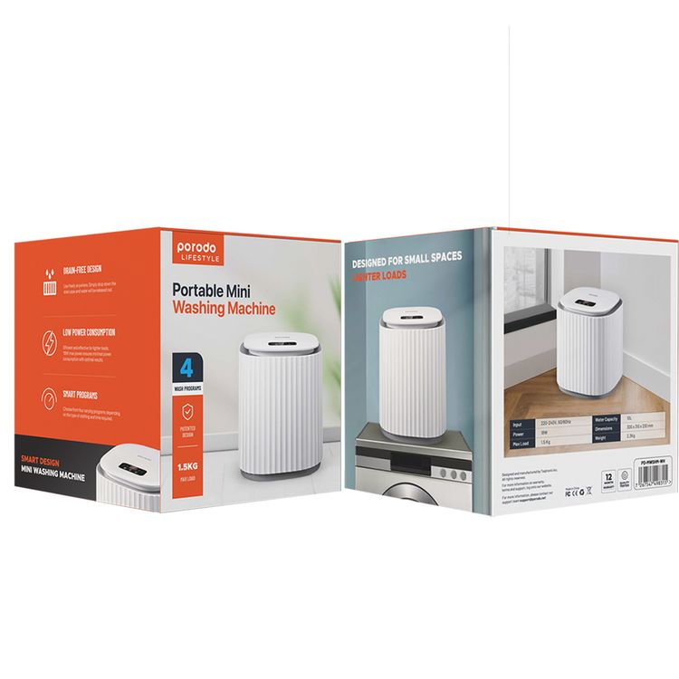 Porodo LifeStyle Portable Mini Washing Machine with 1.5kg Max Load, 18W Power, 10L Water Capacity, 4 Wash Programs, Digital Display - White