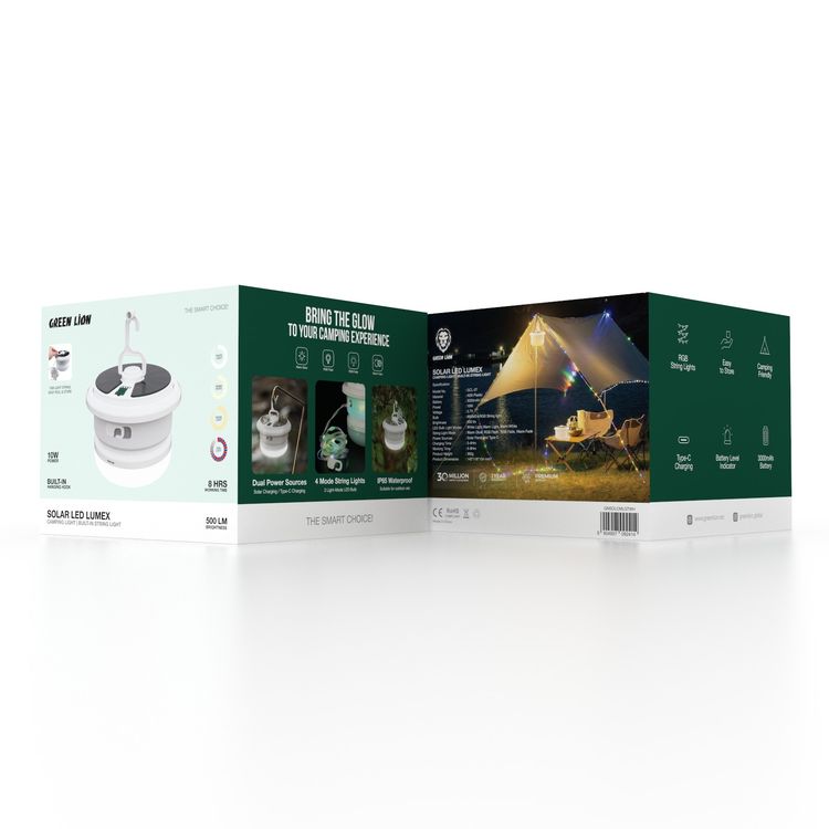 Green Lion Solar LED Lumex Camping Light and Built-in String Light with 500lm Brightness, Dual Power Sources, IP65 Water Resistance, Built-in Hanging Hook, Battery Level Indicator, 10m Light String, 3000mAh Battery, 5-8 Hours Working Time - White