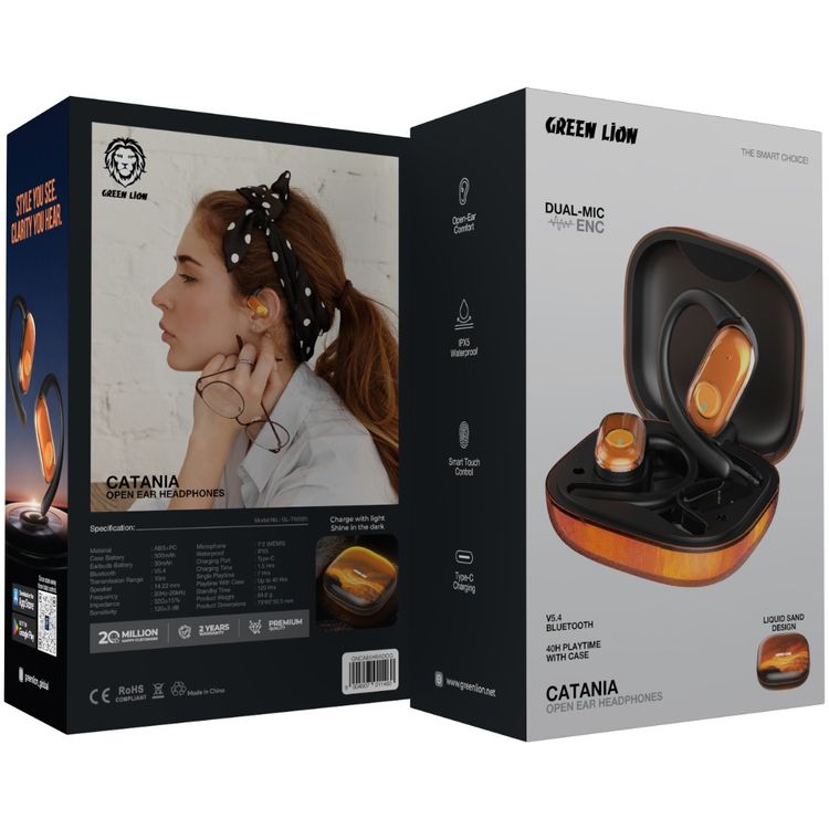 Green Lion CATANIA Open-Ear Earbuds with Smart Touch Control, Dual-Mic ENC, Type-C Charging, IPX5 Water Resistance Level, Open-Ear Comfort, Liquid Sand Design - Orange