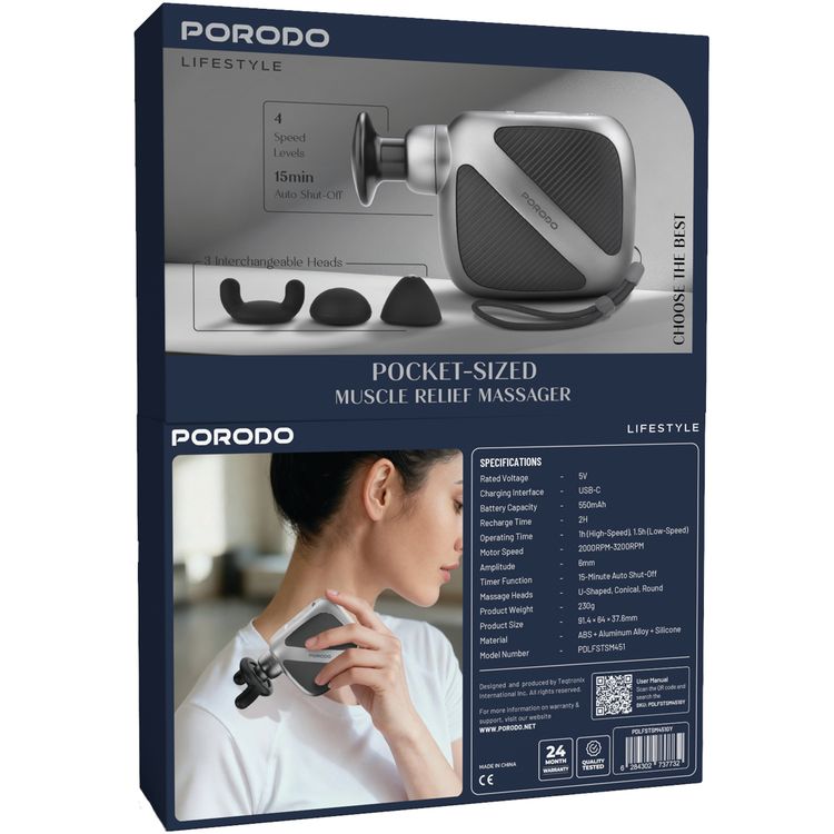Porodo Lifestyle Pocket-Sized Muscle Relief Massager with Customizable Speed Settings, Quiet Operation Technology, 4 Speed Levels, 15 Minute Auto Shut-Off, 3 Interchangeable Heads  - Gray