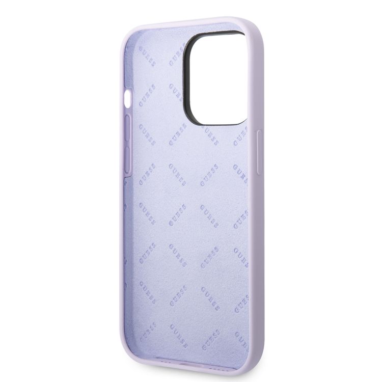 Guess Liquid Silicone Case With PC Camera Outline & Script Metal Logo - iPhone 14 Pro Max - Purple