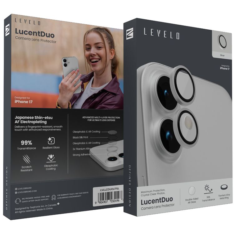 Levelo LucentDuo Camera Lens Protector with 99%  Transmittance for iPhone 17, Anti-Fingerprint, Anti-Scratch, Double-Sided AR Glass, Oleophobic Coating, Multi-Layer Protection, Strong Adhesive - Silver
