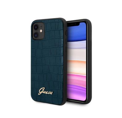 CG Mobile Guess PU Croco Print Phone Case with Metal Logo Compatible for iPhone 11 (6.1") Shock & Scratch Resistant Officially Licensed - Blue