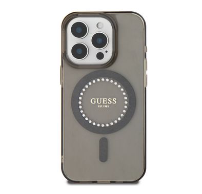 GUESS MagSafe IML Hard Case with Rhinestones Design for iPhone 16 Pro Max, Easy Snap-On, Drop Protection, Slim Profile - Black