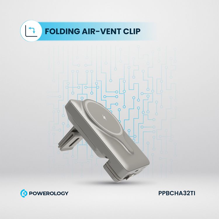Powerology Car Mount 5000mAh Power Bank with Magnetic Wireless Charger, MagSafe Charging, PD 20W Fast Charge, Folding Air-Vent Clip, LED Indicator, Built-In Type-C Cable, Lightweight & Portable - Titanium
