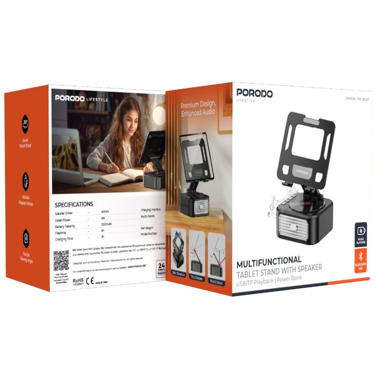 Porodo Multifunctional Tablet Speaker Stand with Power Bank, USB/TF Playback, 1200mAh Battery Capacity, Up to 3.5 Hours Playback Time, 5W Rated Power, 40mm Speaker Driver, USB-C Charging Interface, Bluetooth Version 5.0, 360° Rotation, Tilt & Rotate, Flexible Viewing Angle - Black