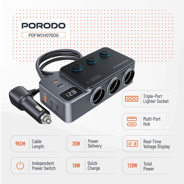 Porodo 120W Car Charger Hub with Triple-Port Lighter Sockets, 3 USB-A & 2 USB-C Ports, 35W PD, 65W QC, 95cm Cable, Real-Time Voltage Display, Independent Power Switch - Dark Gray