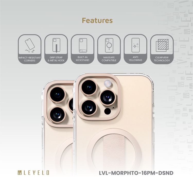 Levelo Morphix Trio Case for iPhone 16 Pro Max with Built-in Kickstand, Metal Camera Edge, MagSafe Compatible, Impact-Resistant Corners, Grip Strap & Metal Hook, Anti Yellowing - Desert Sand