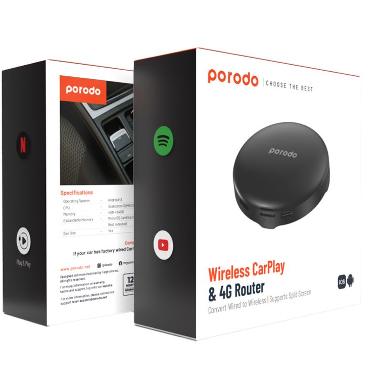 Porodo Wireless Carplay & 4G Router Convert Wired to Wireless Supports Split Screen, 4GB + 64GB Memory, Bluetooth 5.0, Sim Slot, Android 13 Operating System - Black 