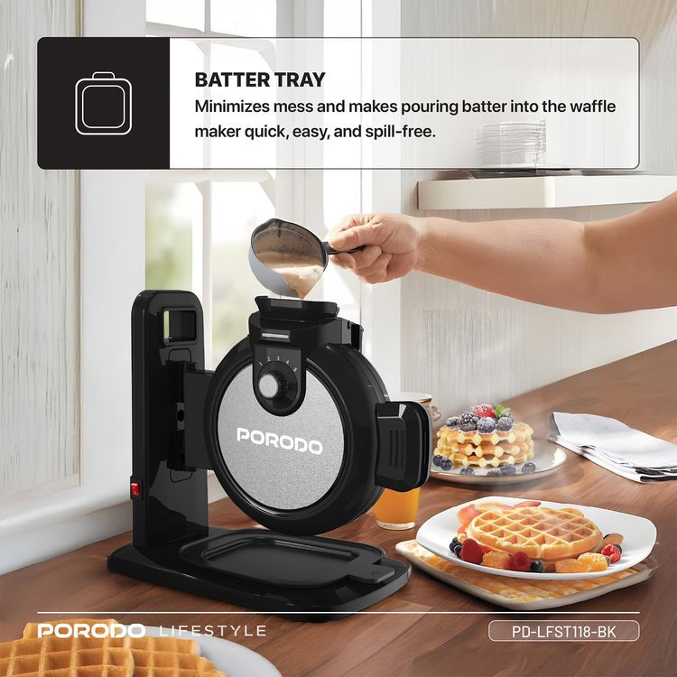 Porodo Vertical Waffle Maker with 5 Heat Levels, 210ml Capacity, 800W Power, Up to 5:30 Minutes Waffle Making Time, Non-Stick Plate, Batter Tray - Black