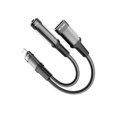 Green Lion 2-in-1 Earphone & Charging Adapter with Lightning to Lightning + 3.5mm Audio Jack Connector, 12cm Cable Length, Music Play & Call Function, More than 10,000 Bends Lifespan - Black